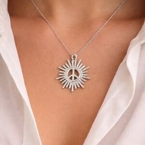 Vintage Peace Sign Sunburst Pendant Silver Tone Charm